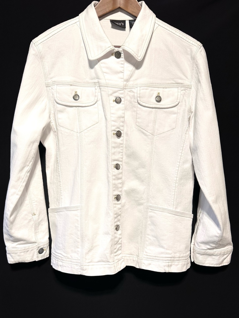 Chico’s White Stretch Denim Jacket Utility Trucker Cotton Snap Front Pockets